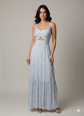 VESTIDO LONGO ALCINHA AMARRAÇÃO COSTAS DETALHE ABERTURA FRENTE ESTAMPADO AZUL E BRANCO