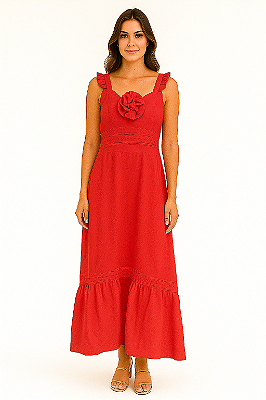 VESTIDO MIDI UMA MARIA ALÇA COM BABADO E FLOR OPCIONAL VERMELHO