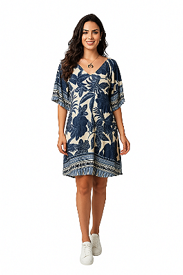 VESTIDO CURTO MANGAS CURTAS LARGAS AZUL E BRANCO ESTAMPA FARM