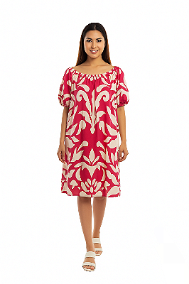 VESTIDO CURTO CIGANINHA COM MANGAS CURTAS ESTAMPADO ROSA E BEGE