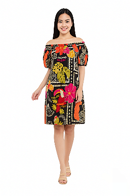 VESTIDO CURTO CIGANINHA COM MANGAS CURTAS ESTAMPADO PRETO E ROSA