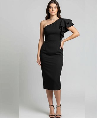 VESTIDO MIDI PRADA UM OMBRO COM MANGA DE BABADOS FENDA ATRAS PRETO