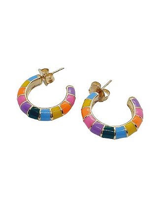 BRINCO BANHO OURO MEIA ARGOLA ESMALTADA COLORIDA