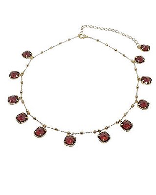COLAR CHOKER CORRENTE DE BOLINHAS COM 12 PEDRAS DE CRISTAL ROXO