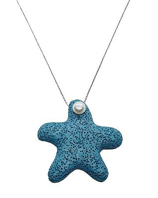 COLAR LONGO DE PEDRA VULCANIA TINGIDA AZUL COM PEROLA
