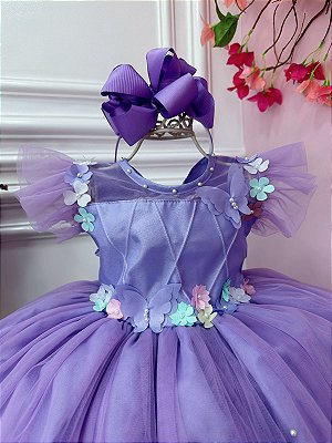 Vestido Infantil Princesa Sofia Lilás Aplique Pérolas Luxo