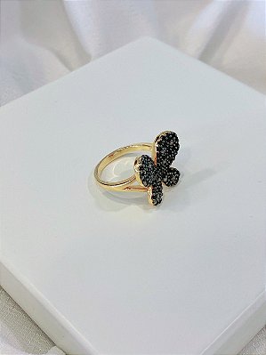 Anel Borboleta Cravejada Zircônia Negra Banhado em Ouro