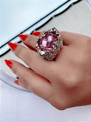 Anel Luxo Cravejado Rose Stone Banhado em Ródio