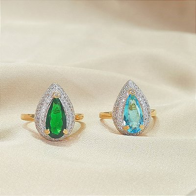 Anel Gota Agua Marinha Cravejada Banhado em Ouro