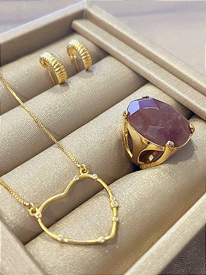 Anel de Quartzo Rosa Cravejado Banhado em Ouro