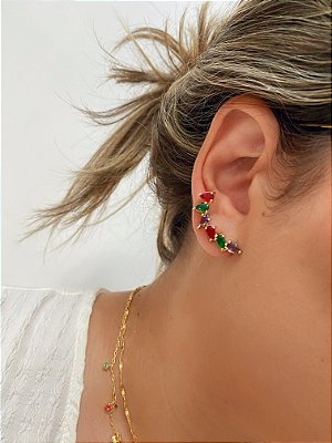 Brinco Ear Cuff Cravejado com Gotas de Zircônia Coloridas Folheado em Ouro