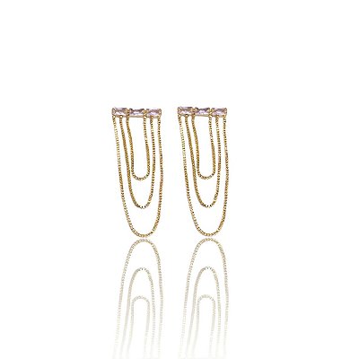 Brinco de Franja Veneziana Cravejado com Zirconia Baguete Folheado em Ouro