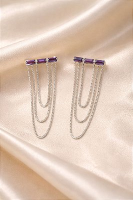 Brinco de Franja Veneziana Cravejado Ametista Baguete Banhado em Prata