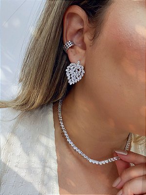 Brinco Piercing Fake Cravejado Zirconias Folheado em Ródio