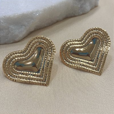 Maxi Brinco Coração Frisado Banhado em Ouro 18k
