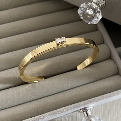 Bracelete Tubo Zircônia Baguete Cravada Banhado em Ouro 6mm