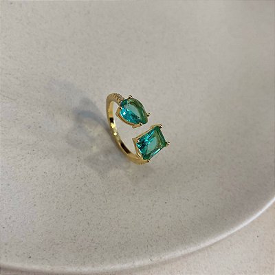 Anel Cravejado Zircônia Verdes Ajustável Banhado em Ouro 18k