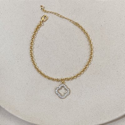 Pulseira Flor Alhambra Vazada Cravejado Banhado em Ouro
