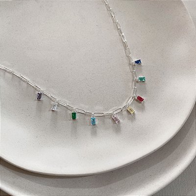 Choker Multi Pingentes Coloridos Banhado em Prata