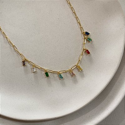 Choker Multi Pingentes Coloridos Banhado em Ouro