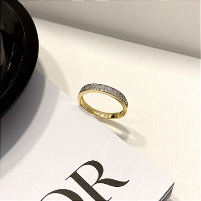 Anel Cravejado Carreira Dupla Zirconia Borda Lisa Banhado Ouro
