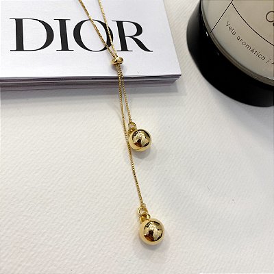 Colar Gravatinha Longo Bolinhas 10mm Banhado em Ouro