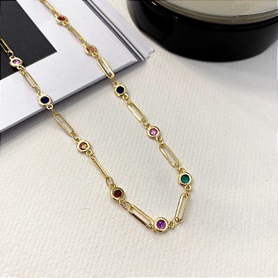 Choker Delicada Zircônias Coloridas Banhada em Ouro