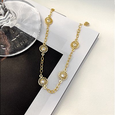 Pulseira Multi Elos Cravejado Banhada em Ouro