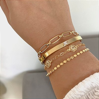 Pulseira Multi Elos Cravejado Banhada em Ouro
