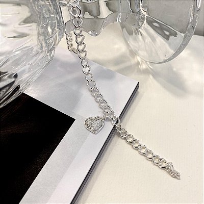 Pulseira Pingente Coração Cravejado Banhada em Prata