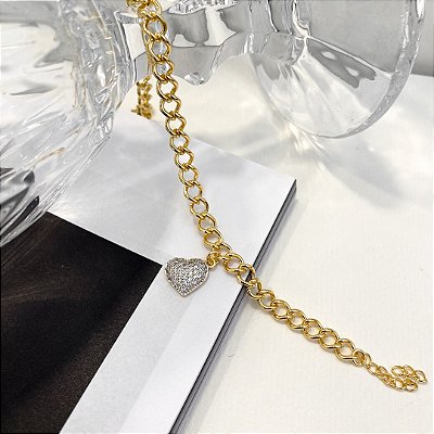 Pulseira Pingente Coração Cravejado Banhada em Ouro