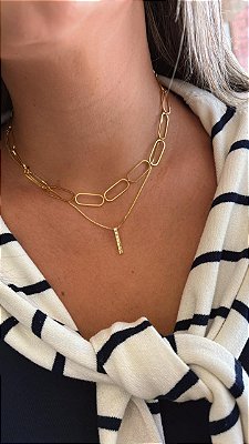 Colar Minimalista Palito Cravejado Banhado em Ouro