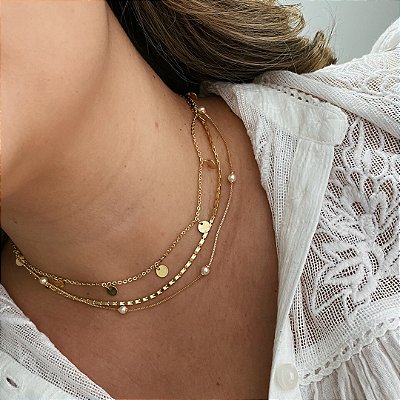 Colar de Pérolas Fixas 4mm Banhado em Ouro