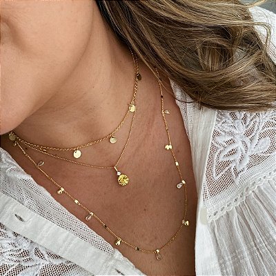 Colar Mini Poas Ponto de Luz e Citrino Banhado em Ouro