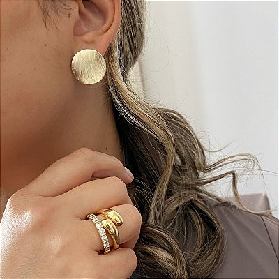 Brinco Botão Orgânico Escovado Banhado em Ouro