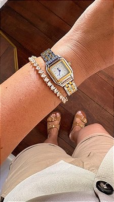 Pulseira Riviera Corações Caixa Dupla 3 Pontas Zircônia 4mm Banhado em Ouro