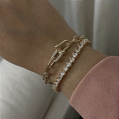 Pulseira Riviera Corações Caixa Dupla 3 Pontas Zircônia 4mm Banhado em Ouro