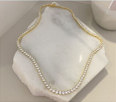 Colar Riviera Caixa Dupla 3 Pontas Zircônia 4mm Banhado em Ouro