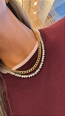 Colar Riviera Caixa Dupla 3 Pontas Zircônia 4mm Banhado em Ouro