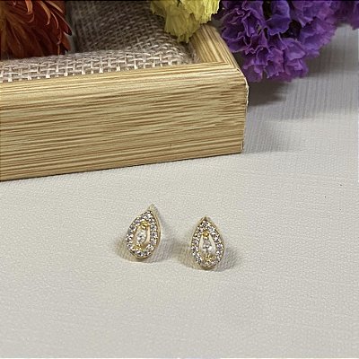 Brinco Delicado Gota Cravejada Banhada em Ouro