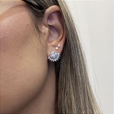 Brinco Leque Cravejado Zircônia Banhado em Ródio