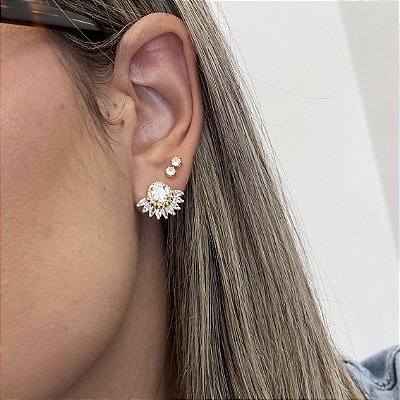 Brinco Leque Cravejado Zircônia Banhado em Ouro
