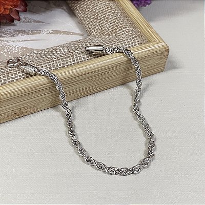 Pulseira Cordão Torcido 3mm Banhado em Ródio