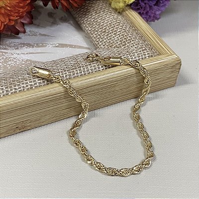 Pulseira Cordão Torcido 3mm Banhado em Ouro