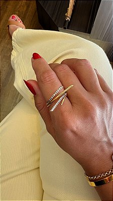 Anel Duplo Luxo Cravejado Regulável Banhado Ouro