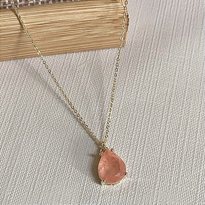 Colar Gota Turmalina Salmão 10mm Banhado em Ouro