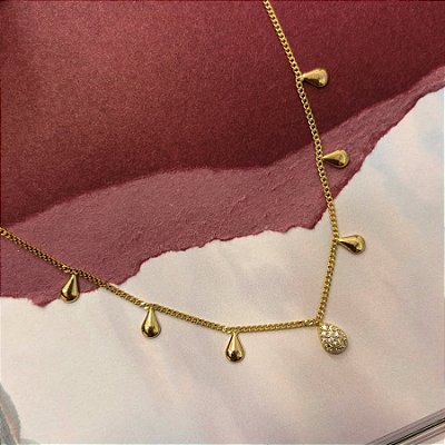 Colar Delicado Gotas Cravejada e Lisas Banhado em Ouro
