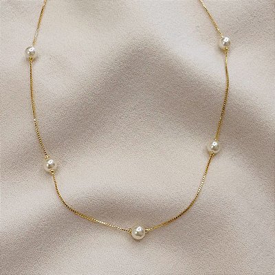 Colar Pérola 6mm Veneziana 45cm Banhado Ouro