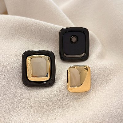Brinco Quadrado Marrom Cabochão Espelhado Banhado Ouro