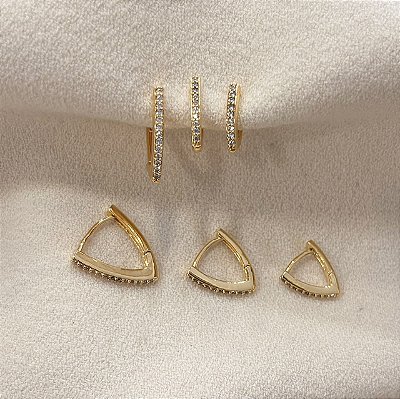 Trio Argola Triangular Cravejada 1 Filete Banhado Ouro